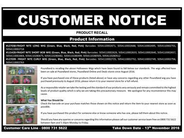 Poundland recalls Fright Nite Halloween wigs