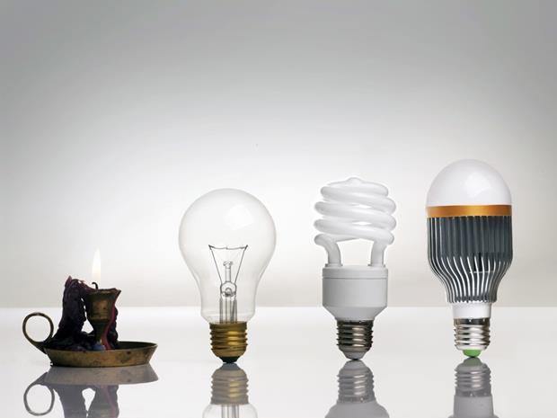 4 types of light sources: Fire, incandescent, CFL, and LED light bulbs